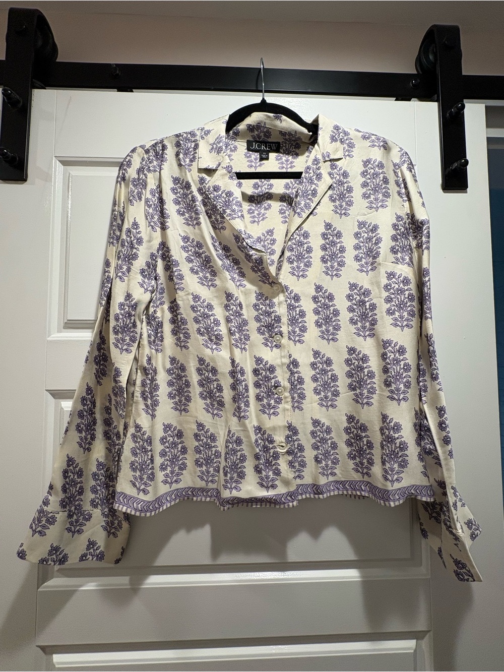 J. Crew Cream Button-Front Blouse with Lavender Floral Motif